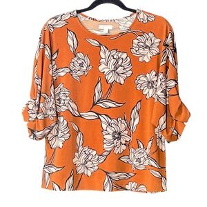 14th & Union Blouse Womens Size S Brown with Beige and Black Floral Stretch Top